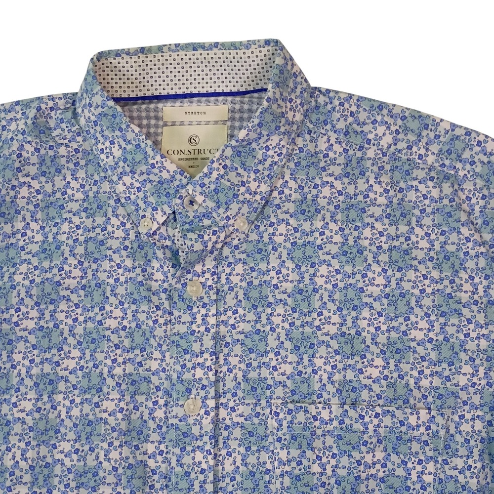 ConStruct Mens Blue White Floral Print Short Sleeve Stretch Button Down Shirt L